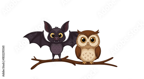 Cute cartoon bat and wise owl characters sitting on a branch isolated on white background