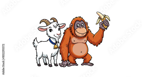 Cartoon illustration of a smiling goat and an orangutan with a banana isolated on white background