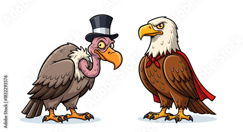 Cartoon illustration of a top hat vulture and cape eagle isolated on white portraying contrast