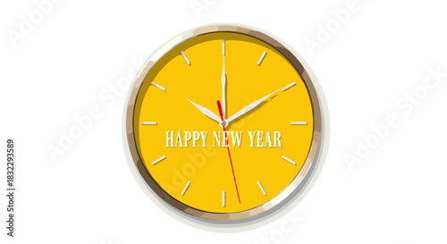 Golden framed yellow clock with Happy New Year message for festive holiday countdown isolated on white background
