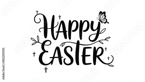 Happy easter calligraphy with crosses butterfly and floral elements in black and white