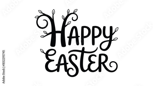 Happy easter handwritten calligraphy with decorative branches and leaves on a white background