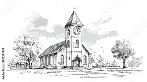 Detailed Vector Illustration of a Church with Clock Tower