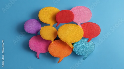 Colorful speech bubbles arranged on a blue background create an inviting visual for communication and expression