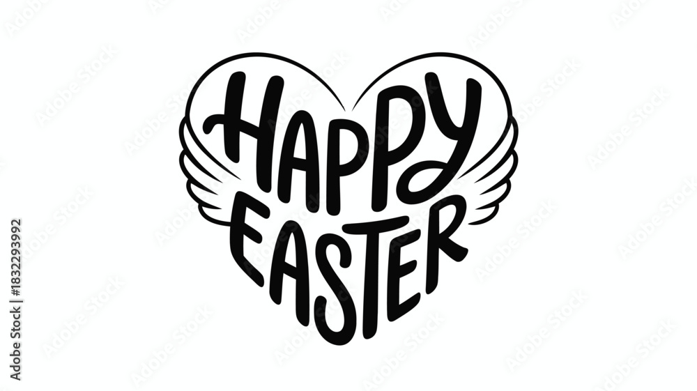 Fototapeta premium Happy easter text in a heart shape with wings black and white graphic design for holiday greetings