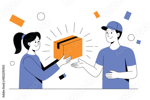 A delivery person hands a package to a recipient, symbolizing good service and customer satisfaction.