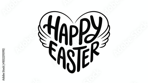 Happy easter text in a heart shape with wings black and white graphic design for holiday greetings