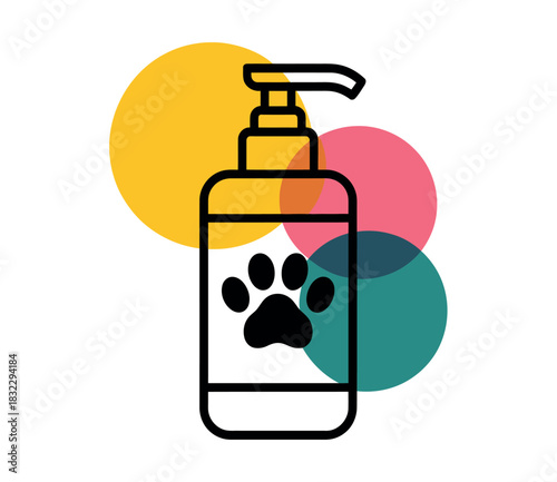 A bottle of pet shampoo with a paw print label and colorful circles in the background.