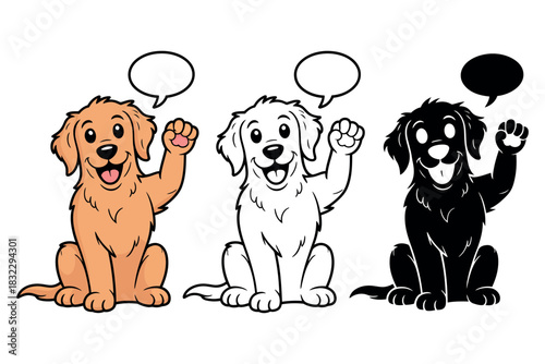 Three cartoon dogs of different colors wave their paws with speech bubbles.