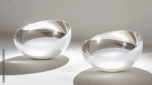Two abstract sculptural forms crafted from frosted glass sit on a smooth white surface with dramatic light and shadow