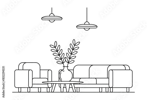 A modern living room setup features a sofa, armchair, coffee table, and pendant lights.