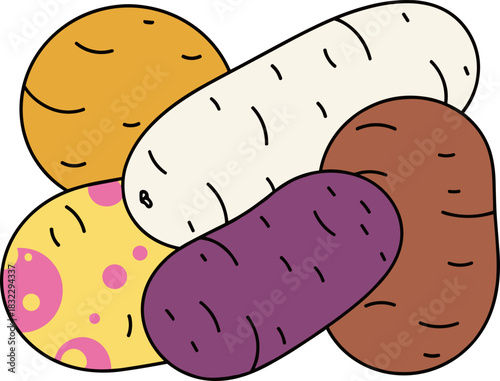 Various types of colorful potatoes on white background copy space