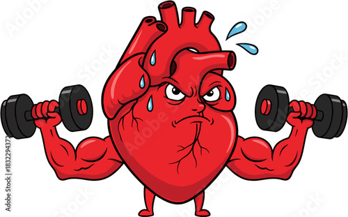 Muscular heart character lifting dumbbells with a determined expression on light background copy space