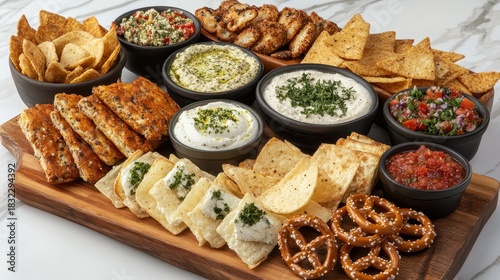 Savory snacks and appetizers with chips pretzels and dips on a tray