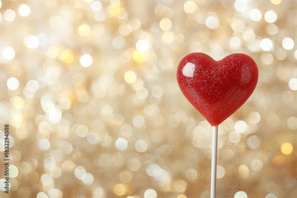Fototapeta premium Bright red heart-shaped lollipop with sparkling background adds charm to sweet treats display