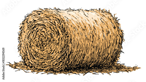 Hay Bale Drawing with Straw Piece - Detailed Sketch Illustrating Farming Concept