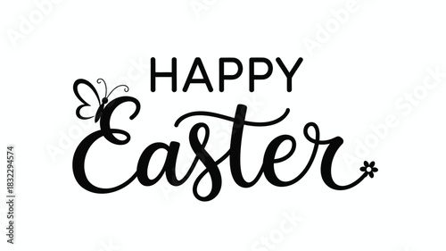 Elegant black calligraphy happy easter greeting with butterfly and flower accents on white background