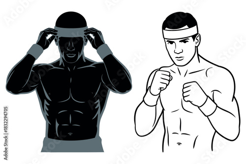 A fighter adjusts his head wrap and prepares for a match with intense focus.