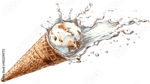 Delicious Ice Cream Cone with Milk Splashes Vector Drawing