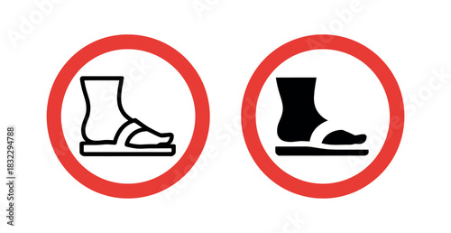 Two circular prohibition signs show an outline of a foot wearing a sandal and a silhouette of a foot wearing an open-toed shoe.