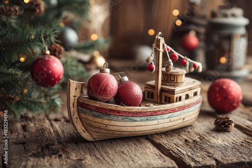 Festive wooden boat with ornaments for New Year
