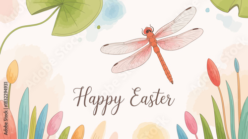 Delicate watercolor dragonfly and floral elements with happy easter greeting in soft pastels
