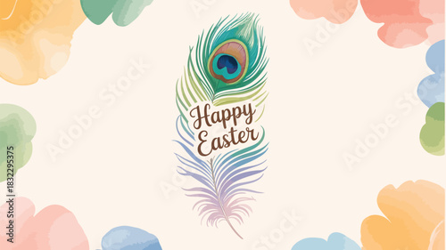 Elegant happy easter greeting card featuring a vibrant peacock feather and soft watercolor floral accents