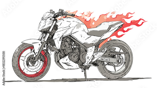 Motorcycle with Red Flame on Front - Detailed Vector Drawing