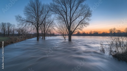 Trees standing in dark flood water at sunset