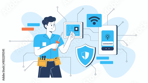 technician installing a smart home security system with wifi connection, vector illustration for iot device setup and technical support