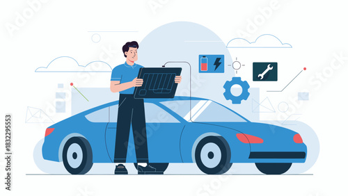 mechanic running diagnostics on an electric car with a tablet, vector illustration for ev service, automotive repair, and modern vehicle technology
