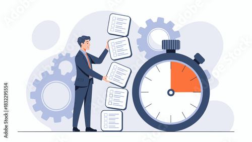 businessman managing multiple tasks next to a stopwatch, vector illustration for time management, productivity, and meeting deadlines