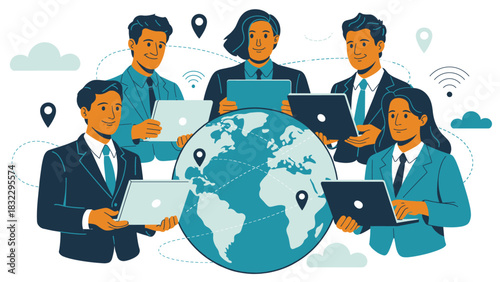 global business team with laptops connected around the world, vector illustration for remote work, international collaboration, and digital networking