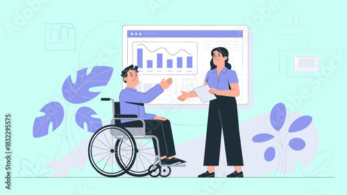 man in a wheelchair and a colleague discussing data, vector illustration for an inclusive workplace, business analytics, and accessibility