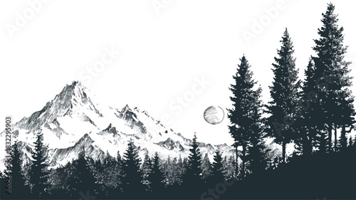 Serene Mountain Landscape with Lush Forest - Nature Drawing