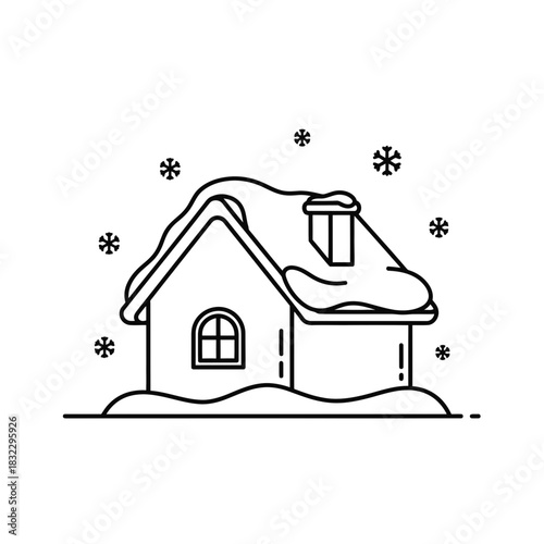 Winter cottage with snowflakes on a white background  