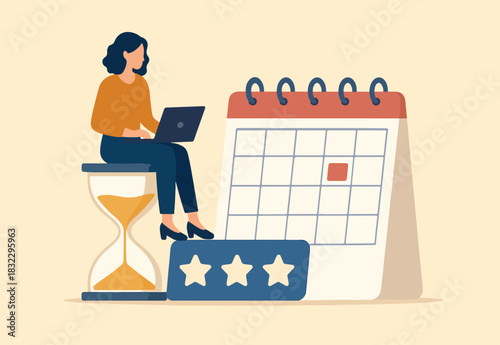 Calendar deadline to finish work, time countdown to launch date, reminder or planner, organize work or project management concept, businesswoman work computer laptop on sandglass and calendar date