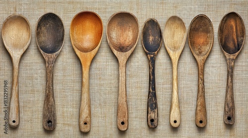 Wooden spoons of various shapes and sizes arranged in a row