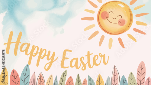 Whimsical happy easter greeting with a smiling sun and colorful foliage against a soft sky background