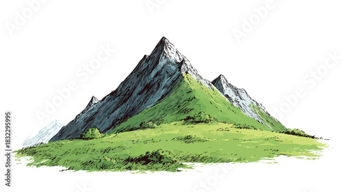 Scenic Mountain Drawing with Green Grass and Vector Mountains