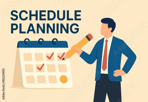 Calendar month schedule, meeting reminder, appointment or time organizer, planner agenda, vacation planning or timetable concept, businessman with pencil organize office calendar schedule plan