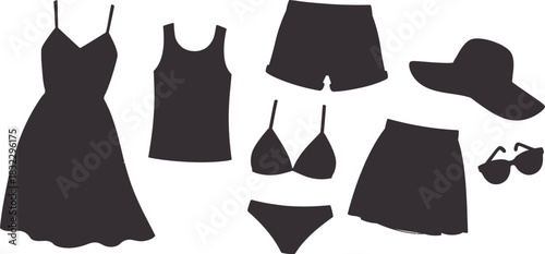 Vibrant cartoon illustration of women's summer clothing collection: dress, shorts, bikini, hat, tank top, skirt, and accessories. Vector