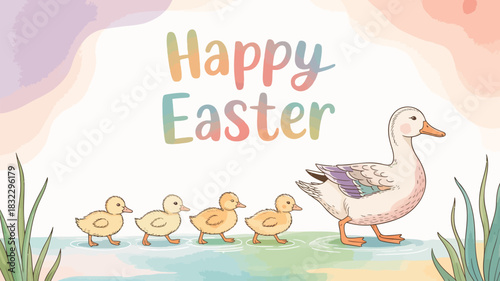 Cute mother duck leading her ducklings in a line across water with happy easter text