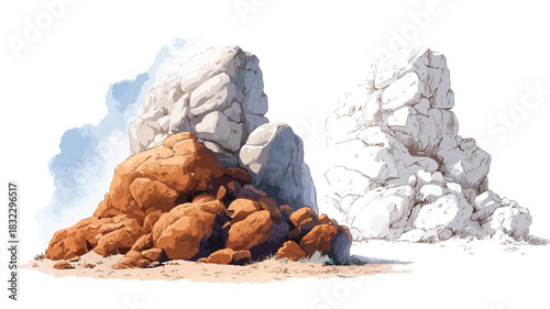 Detailed Vector Drawing of a Large Rock with Picture Overlay