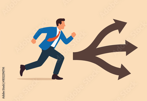 Career decision, choosing direction choices for future opportunity, different path to success, decide or progress options for career growth concept, businessman running to different arrow pathway.