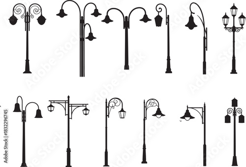 Elegant and classic street lamp silhouettes, diverse lamppost designs, and vintage outdoor lighting elements collection. Vector
