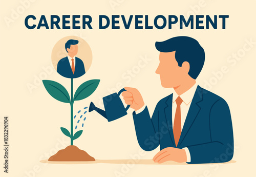  Career development planning, manager assist or coaching for career growth, mentor or support to help employee growing, improvement, businessman watering growing plant with employee career growth