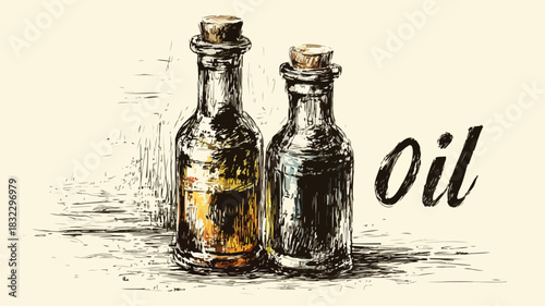 Professional Drawing of Two Bottles of Oil with the Word 'Oil'