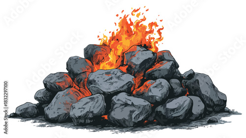 Burning Fire in Rock Pile Vector Illustration with Outline Isolated
