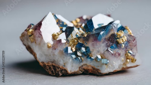 Macro shot of mineral crystals with metallic luster on a white background, intricate facets reflecting subtle light gradients